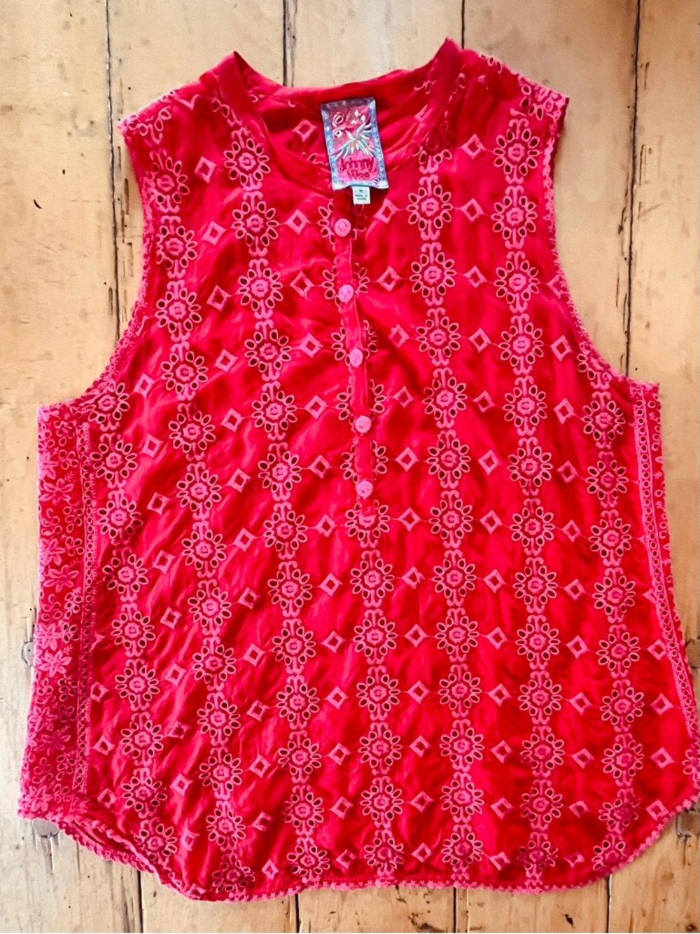 Johnny Was Red eyelet Embroidered floral Button Front Top medium